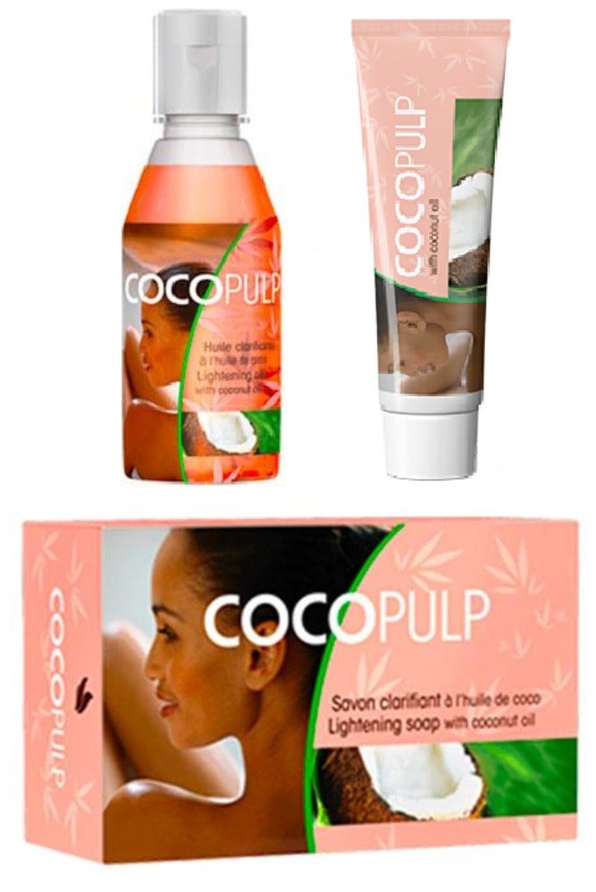 مجموعة من ثلاث قطع من منتجات تفتيح البشرة بزيت جوز الهند